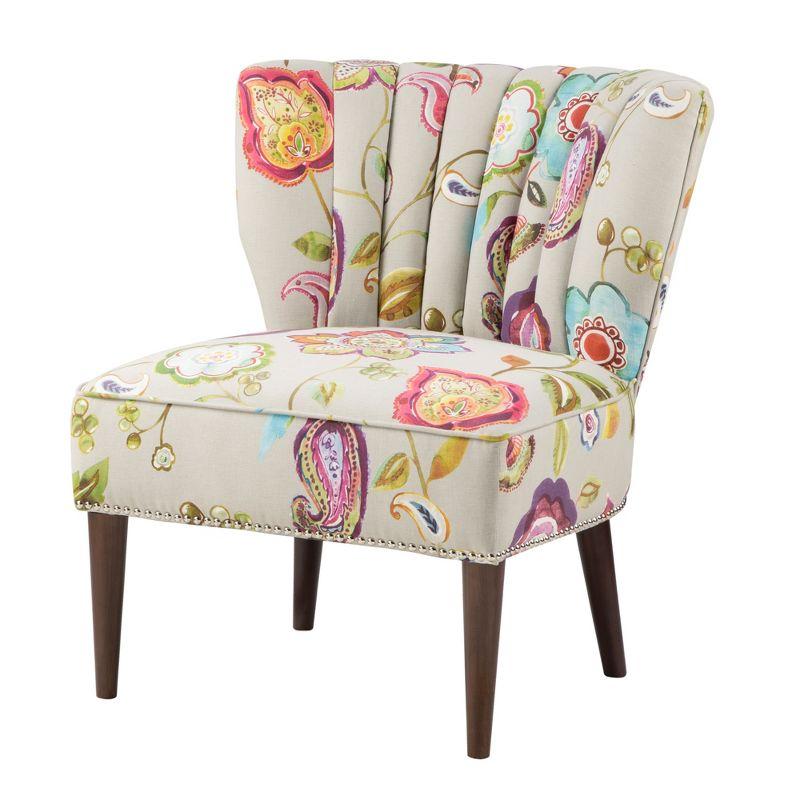 Remy Channel Back Slipper Chair Green/Cream: Madison Park, Wingback Design, Floral Pattern, Wood Legs