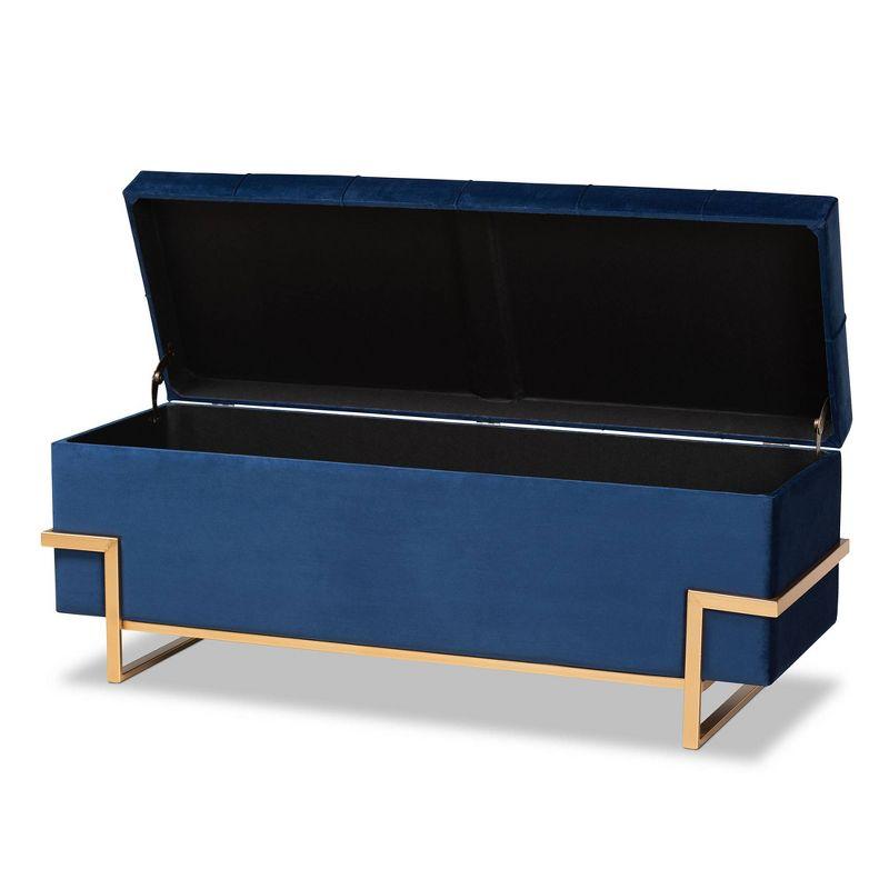 Parker Velvet Upholstered and Metal Storage Ottoman Blue/Gold - Baxton Studio: Rectangular Bench with Bow Pattern