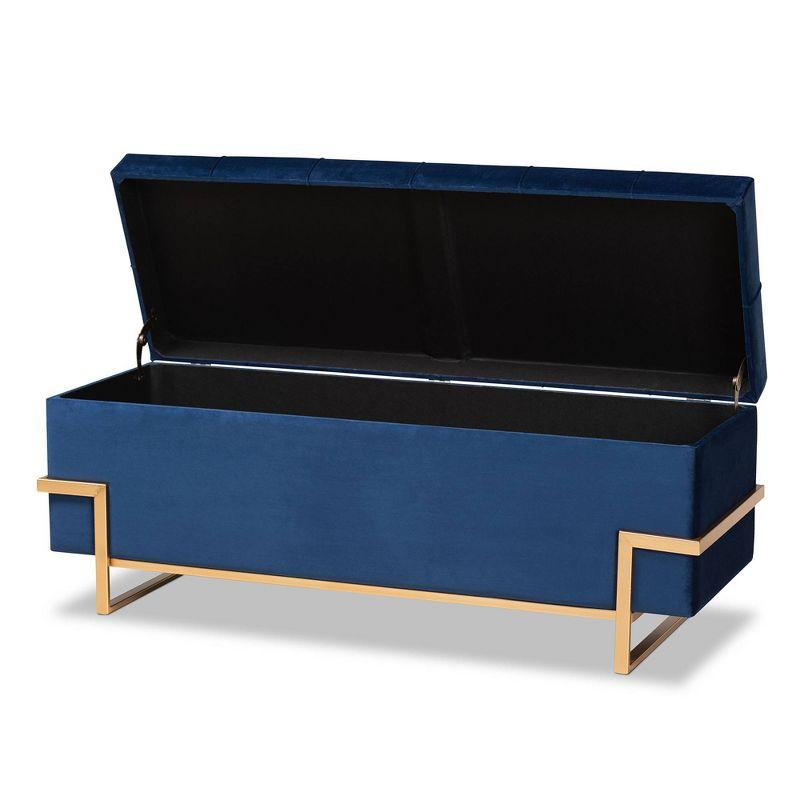 Parker Navy Blue Velvet and Gold Metal Storage Ottoman