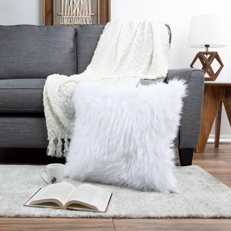 22'' White Faux Fur Square Pillow Set with Suede Back