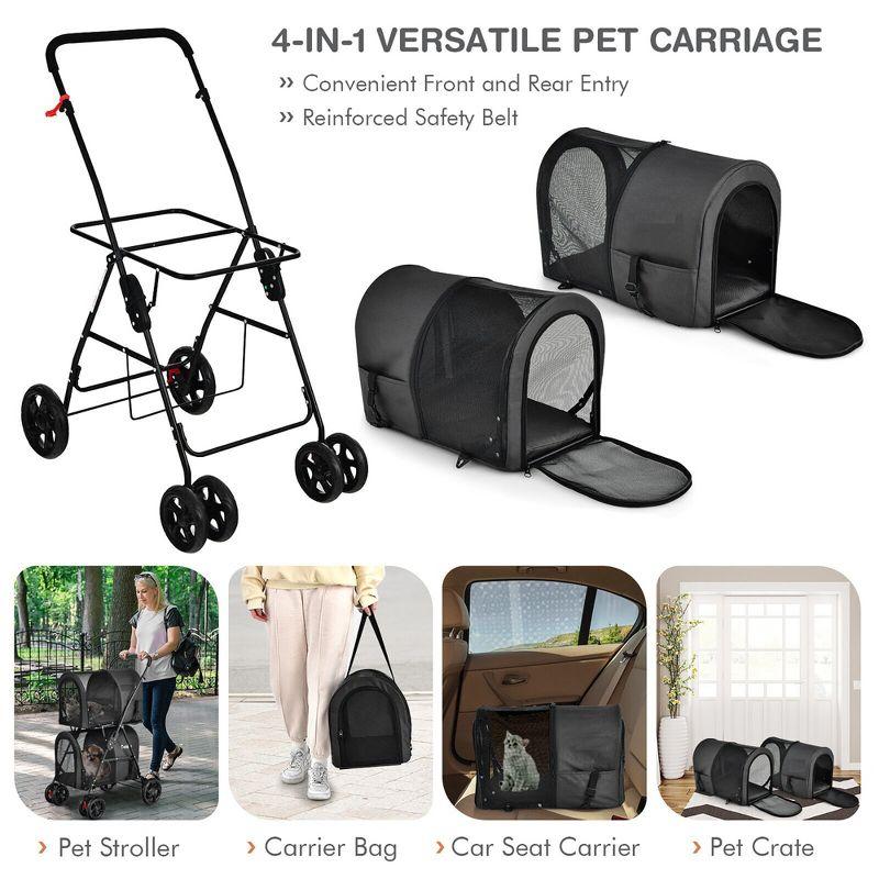 Tangkula Double Pet Stroller with 2 Detachable Carrier Bags Safety Belt 4 Lockable Wheels Cat Stroller Travel Carrier Strolling Cart Folding Black