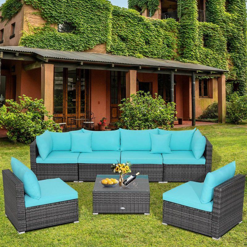 Costway 7PCS Patio Rattan Furniture Set Sectional Sofa Cushioned Turquoise