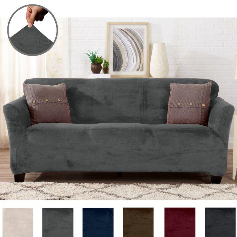 Gale Collection Wild Dove Grey Velvet-Plush Stretch Sofa Slipcover