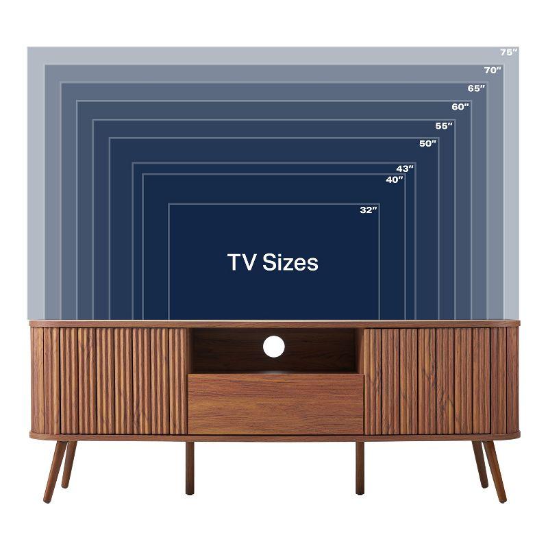 JONATHAN Y Damien 70 in. Farmhouse Curved TV Stand with Drawer and Storage Doors Fits TVs up to 75 in. with Cable Management, Walnut