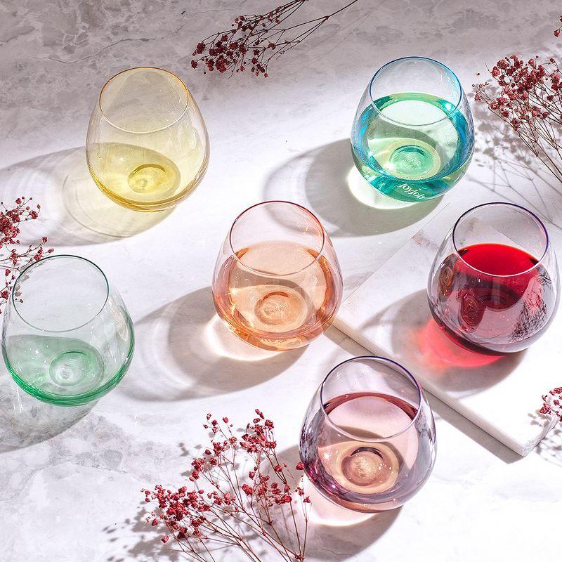 JoyJolt Hue Colored Stemless Wine Glass-Set of 6 Colorful Red or White Wine Drinking Glasses- 15 oz