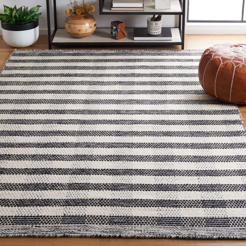 Black and White Striped Wool Flat Woven Area Rug