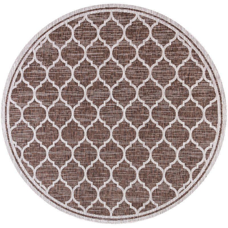 5' Round Trebol Moroccan Trellis Textured Weave Indoor/Outdoor Area Rug, Espresso/Taupe - JONATHAN Y