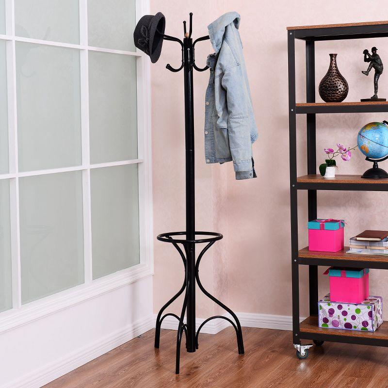 Black Metal Coat Rack with Umbrella Stand and Hooks