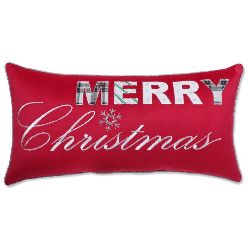 Merry Christmas Embroidered Red Velvet Lumbar Throw Pillow