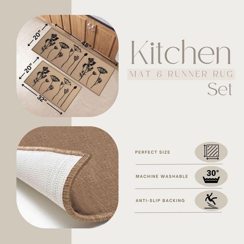 Evideco Wildflowers Non Skid Kitchen Mats Runner & Comfort Mat (2 Pieces) (Set of 2)