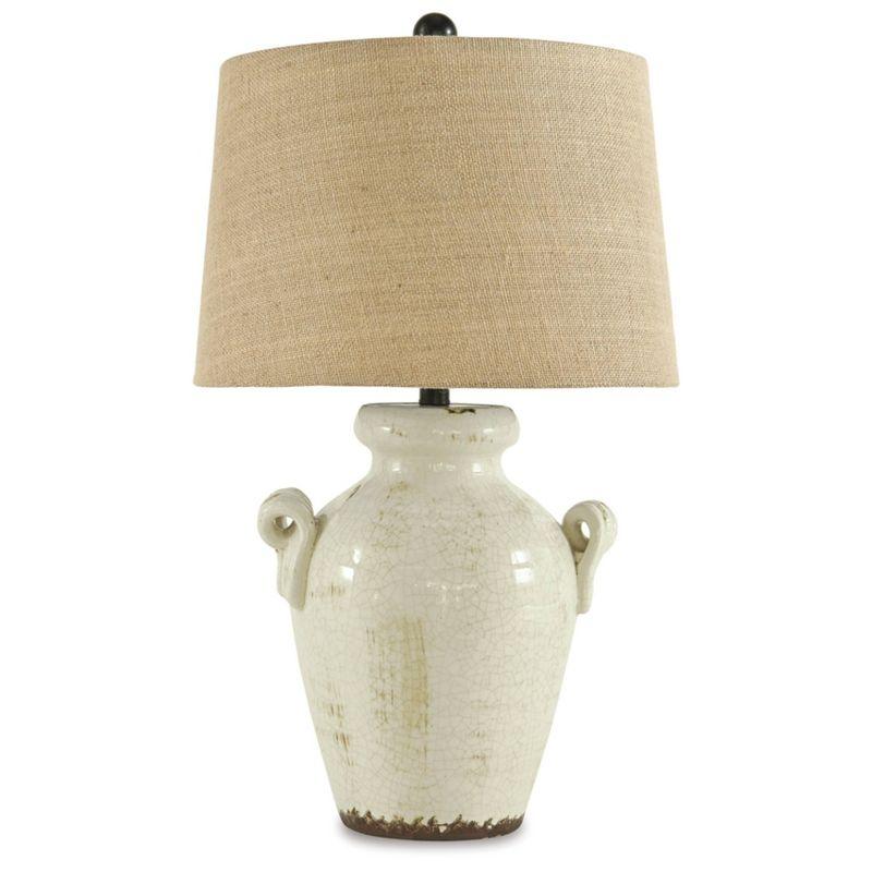 Emelda Cream Ceramic Table Lamp with Beige Drum Shade