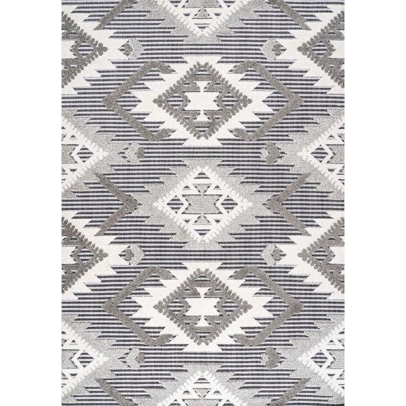 8'x10' Sumak High-Low Pile Neutral Diamond Kilim Indoor/Outdoor Area Rug, Gray/White/Black - JONATHAN Y