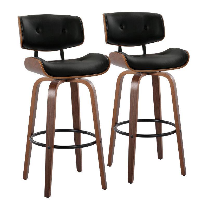 Lombardi 30" Black Faux Leather and Walnut Wood Swivel Barstool