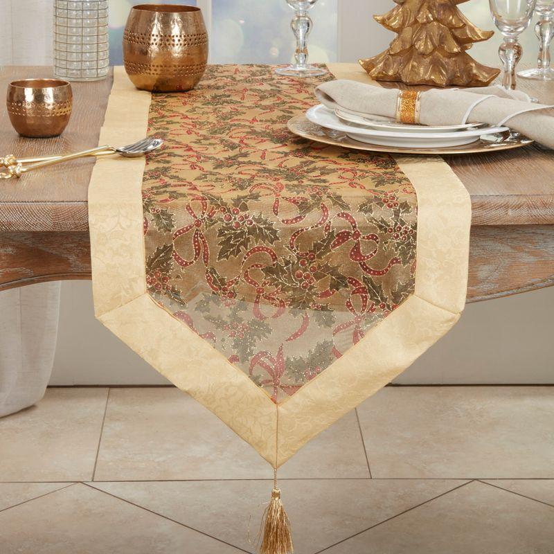 Golden Floral Christmas Table Runner with Tassel Trim