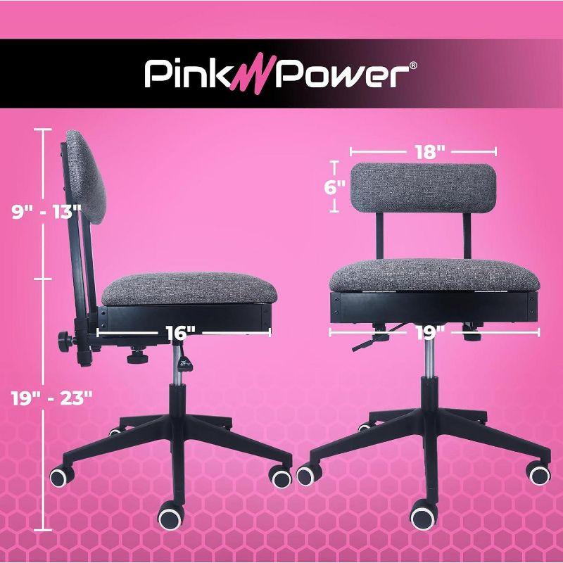 Pink Power Hydraulic Sewing Chair with Wheels and Adjustable Back Support - Armless Chair for Sewing, Crafting