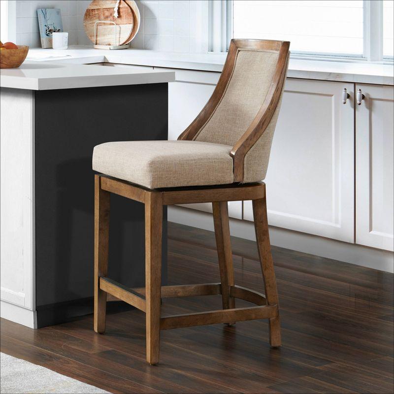 Alaterre Ellie Bar Height Stool, Back, Swivel Seat, Brown, Upholstered Padded Seat, Rubberwood Frame, Steel Memory Return Mechanism, Dimensions 19 in. W x 22 in. D x 46 in. H, Footrest, Metal Kick Plate