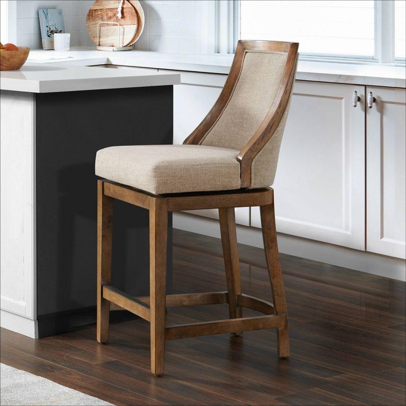 Ellie 19" Wide Solid Rubber Wood Frame Linen Fabric Counter Height Swivel Stool With Back