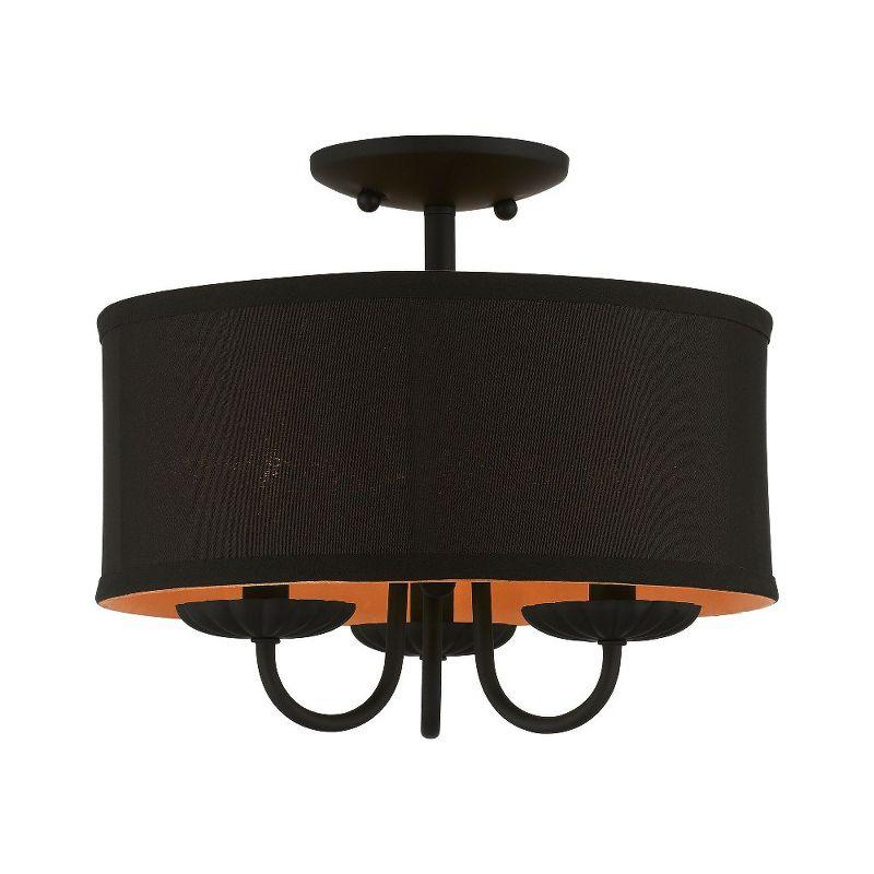 Transitional Black Glass Drum Semi-Flush Mount with Silky Orange Accent