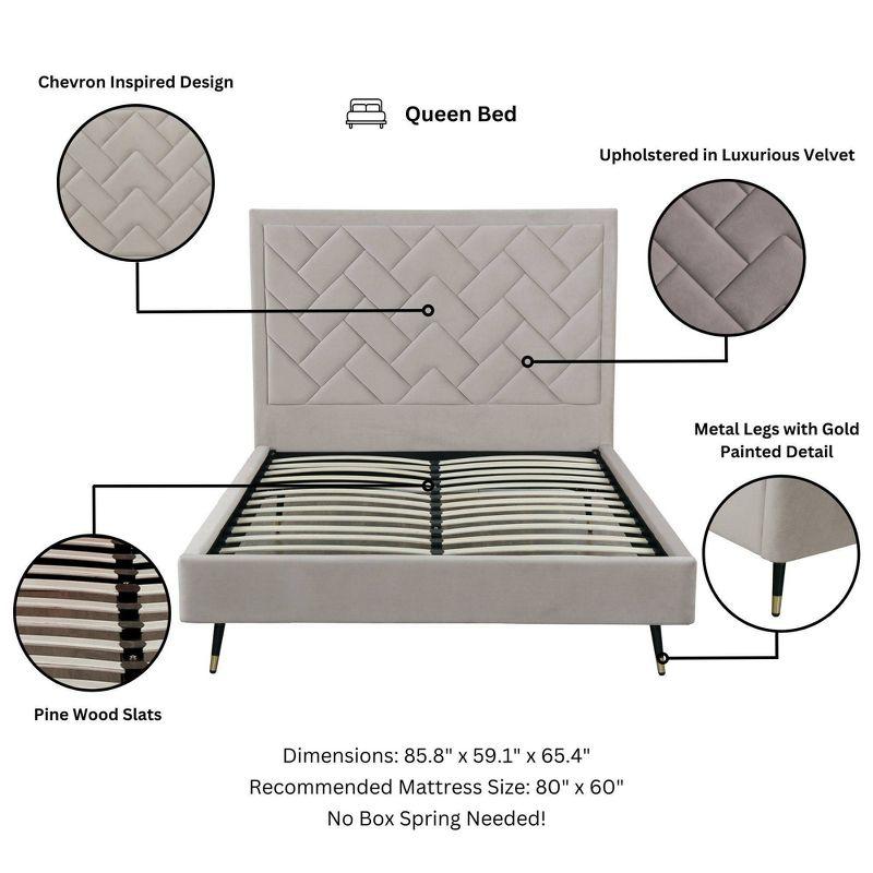 Manhattan Comfort Queen Crosby Modern Velvet Upholstered Bed Greige