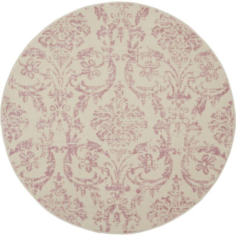 Jubilant Ivory and Pink Round Synthetic Area Rug, 5'3"