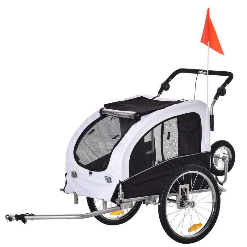 Aosom Dog Bike Trailer 2-In-1 Pet Stroller with Canopy and Storage Pockets, White