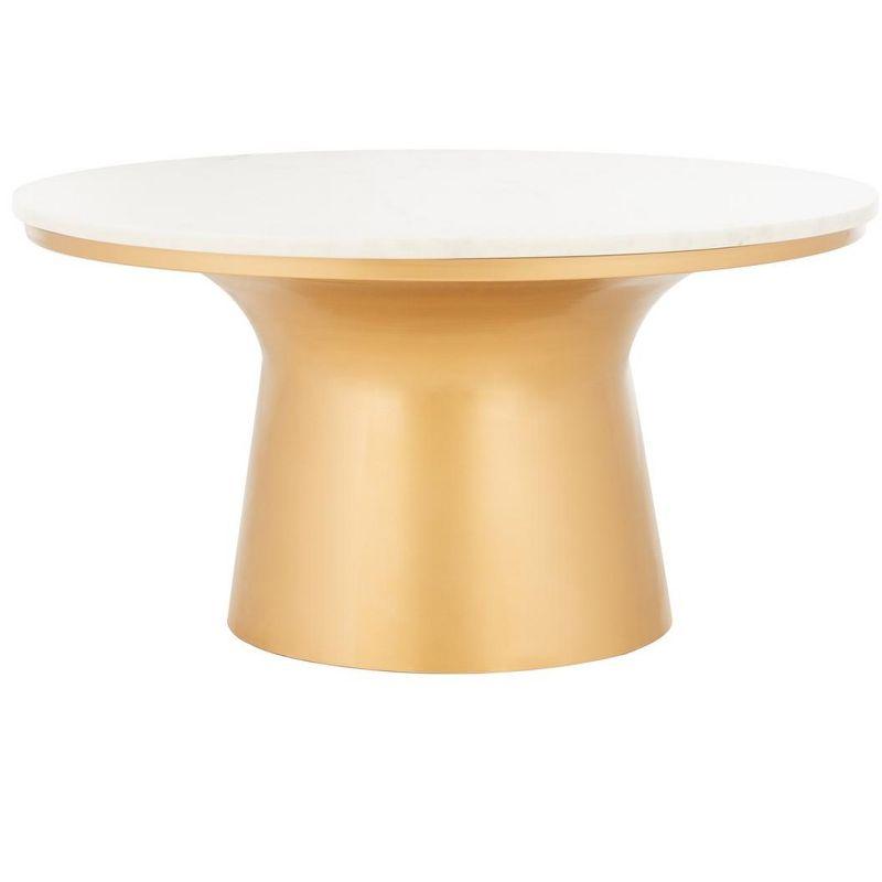 White Marble and Brass Round Pedestal Cocktail Table