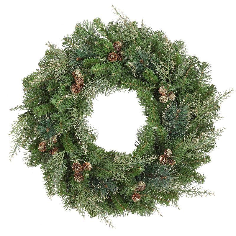 24 Inch Bergen Pine Wreath with Gold Accents and Soft White LED Lights on Auto Timer