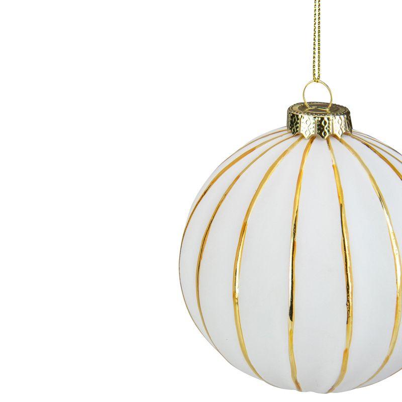 4" Glittered White and Gold Striped Glass Christmas Ball Ornament