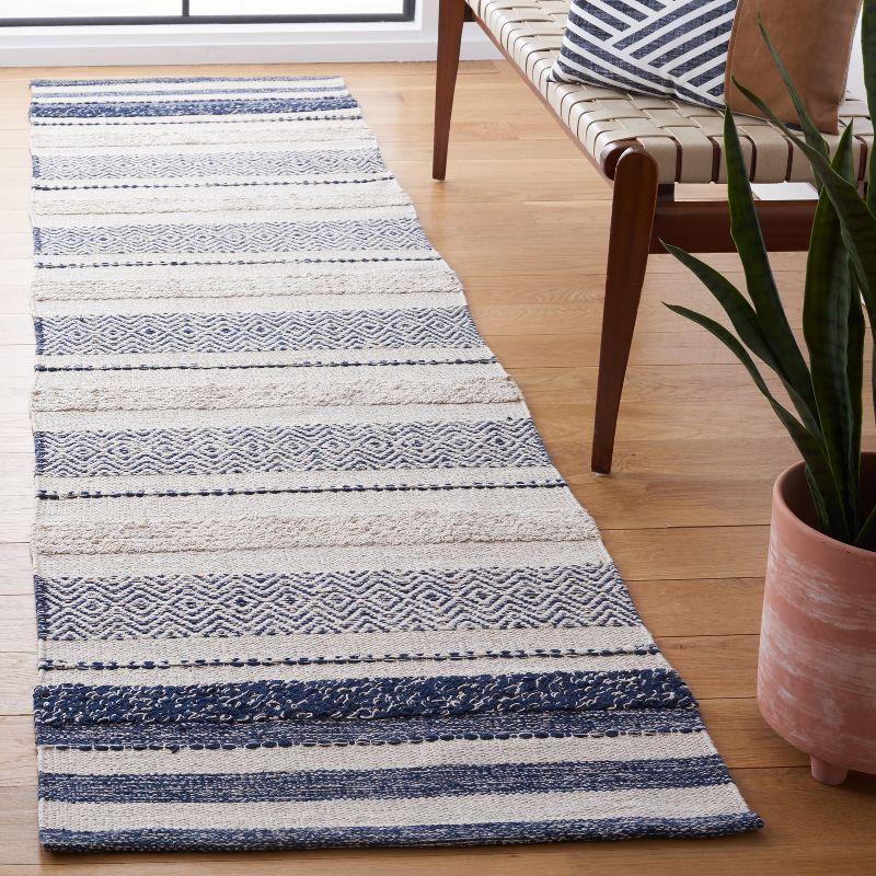 Ivory and Navy Striped Kilim Flat Woven Wool Rug