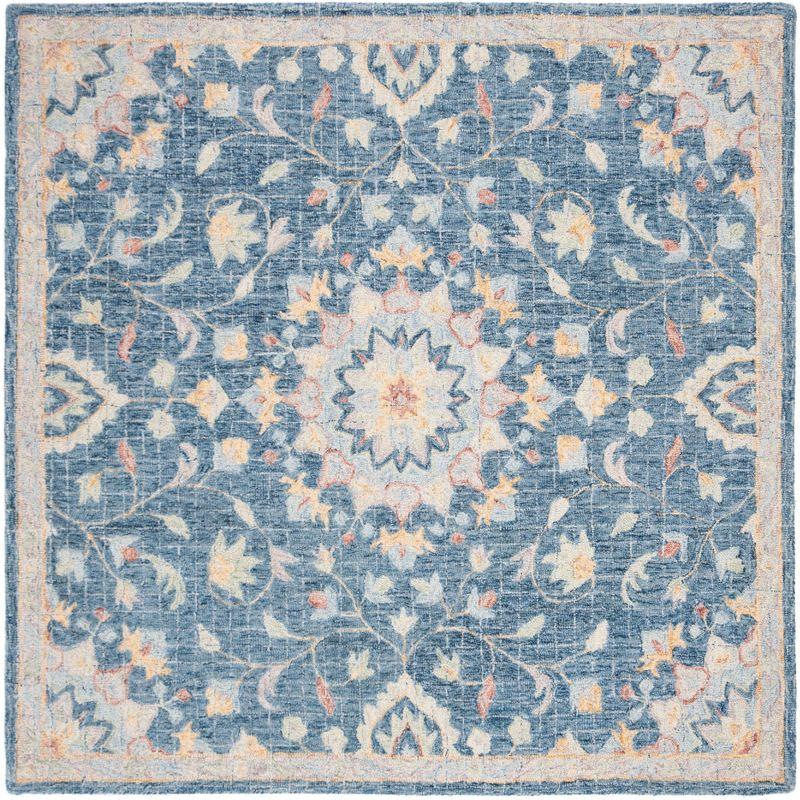 Blossom Navy Blue Handmade Wool Square Area Rug