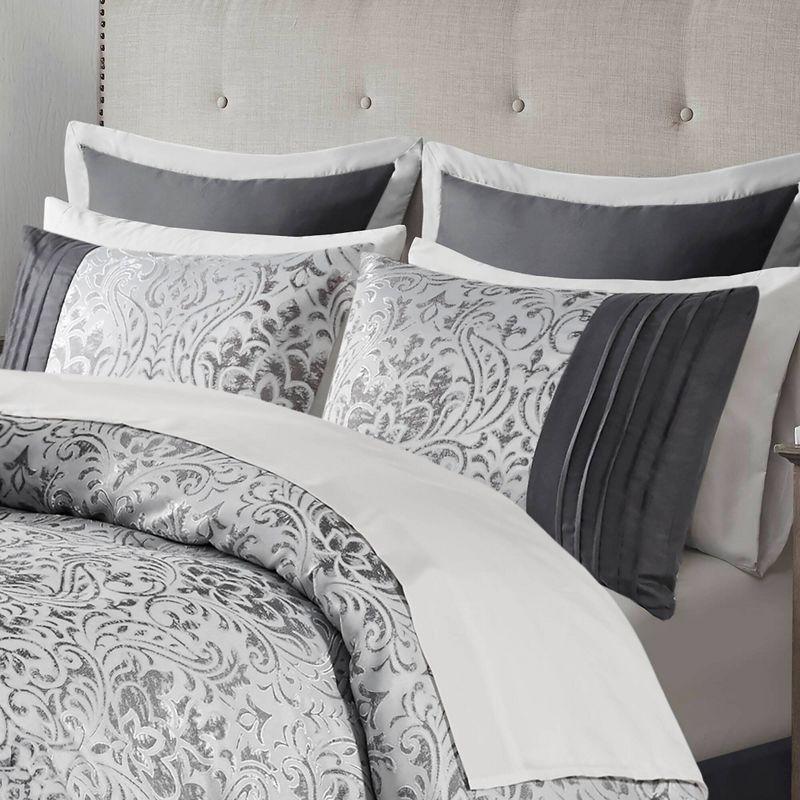 Madison Park 12pc King Grace Jacquard Comforter Set with Bed Sheet Silver