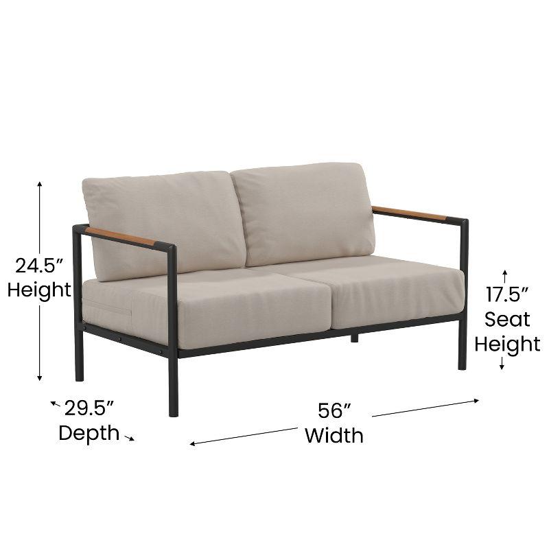 Beige Cushioned Loveseat with Black Steel Frame and Teak Accents