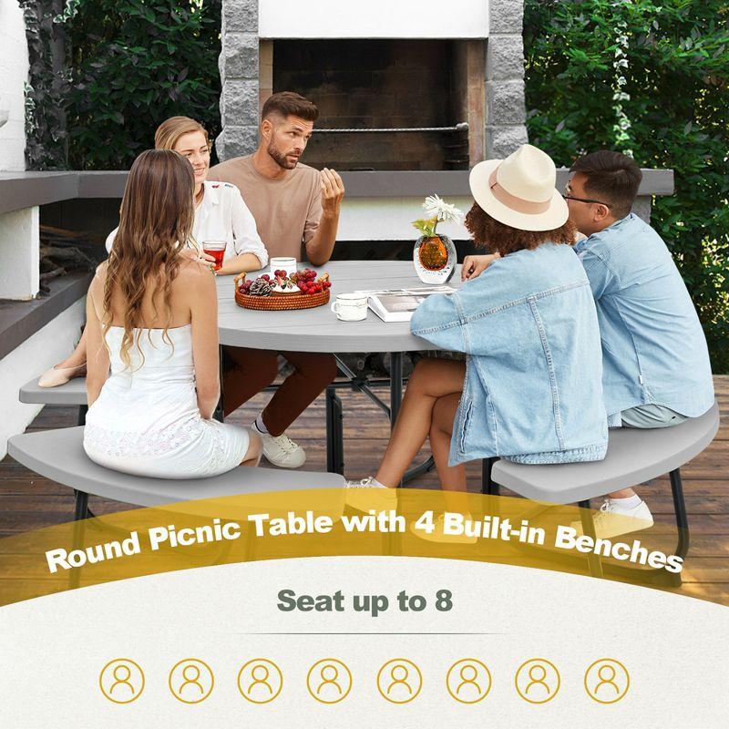 Costway Outdoor 8-person Round Picnic Table Bench Set with 4 Benches & Umbrella Hole Grey