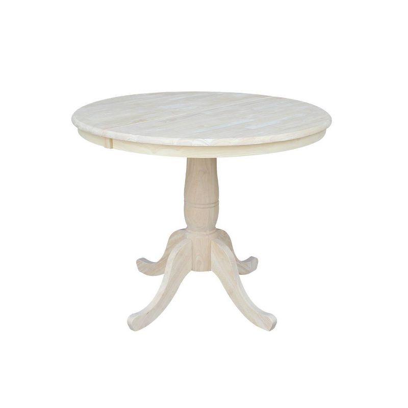 36" Round Top Pedestal Extendable Dining Table with 12" Drop Leaf Unfinished - International Concepts