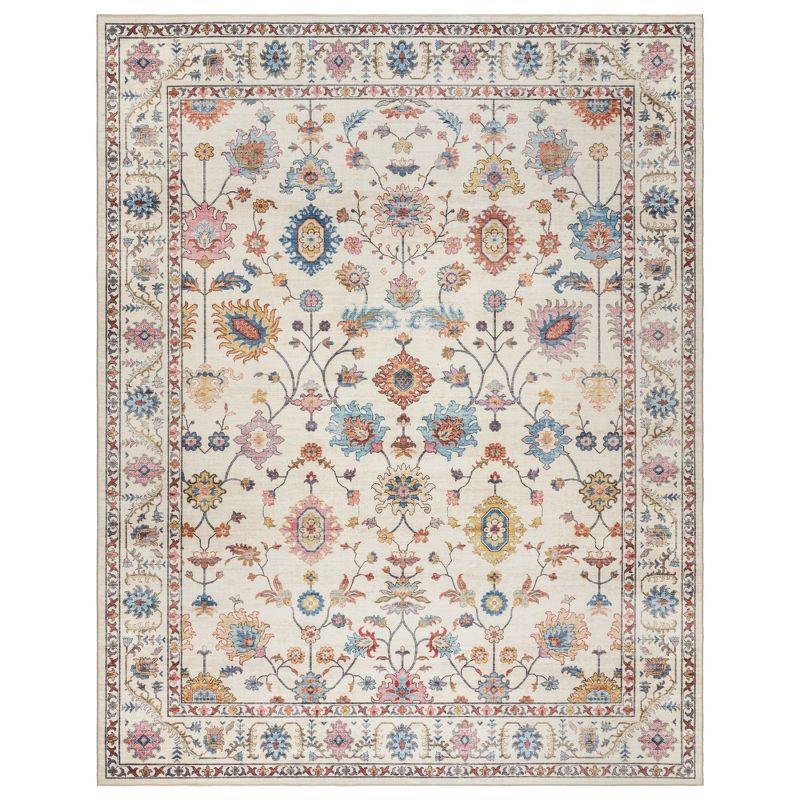 Ivory Floral Non-Slip Washable 6' x 9' Synthetic Area Rug