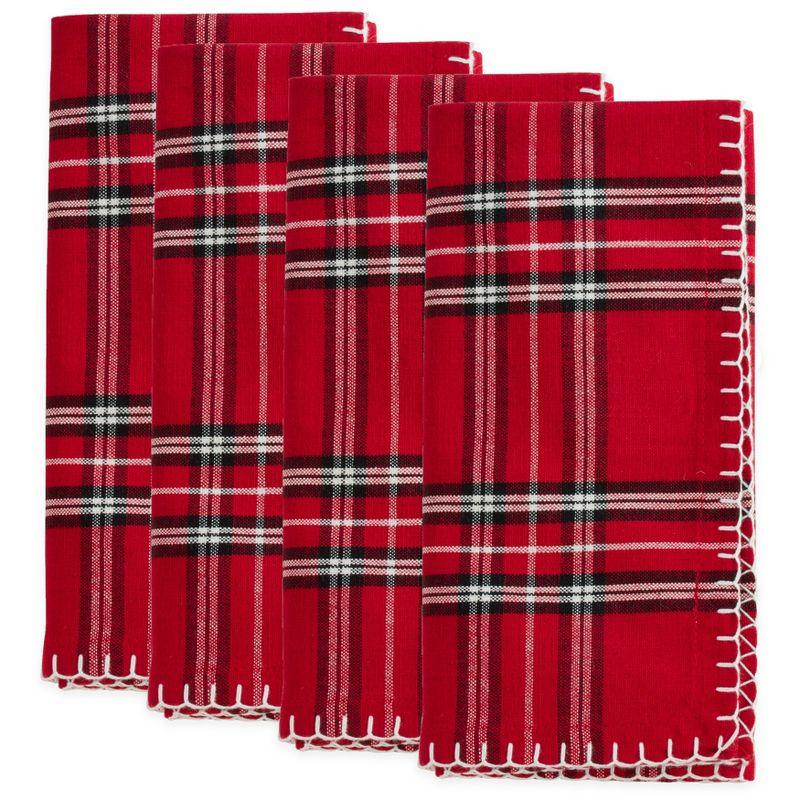 Saro Lifestyle Cotton Dinner Napkin With Plaid Whipstitch Design (Set of 4), 20"x20", Red