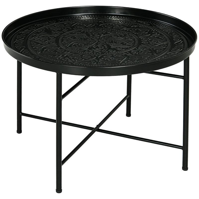 HOMCOM 24" Round Black Metal Coffee Table with Hammered Tray Top