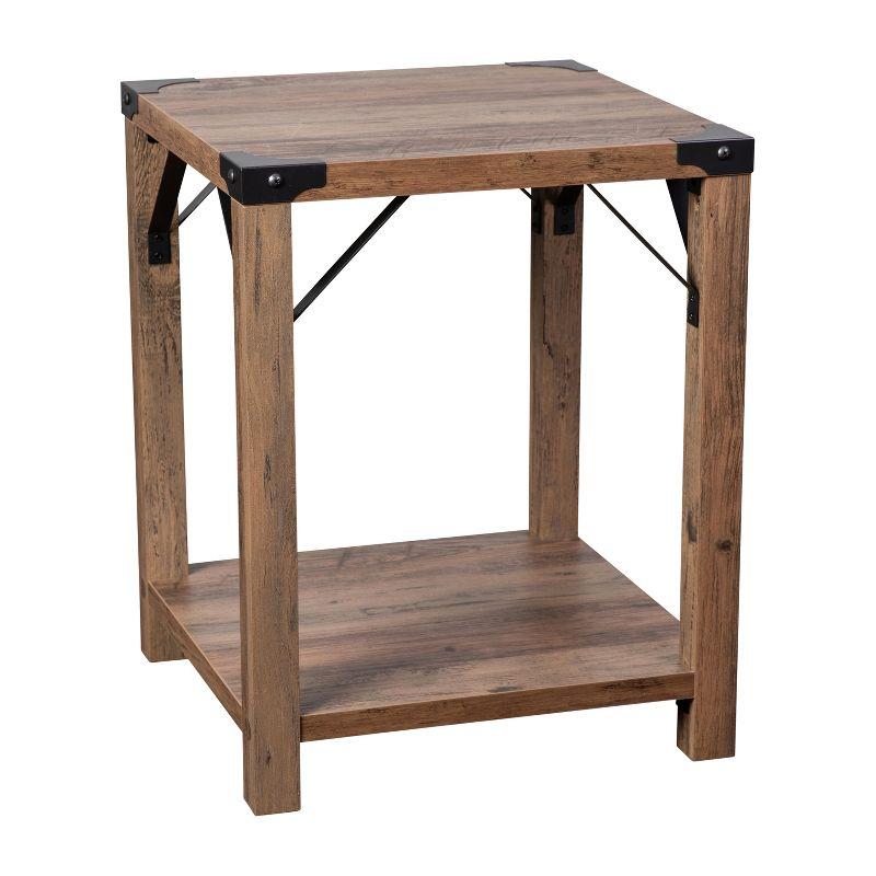 Rustic Oak Square End Table with Metal Accents