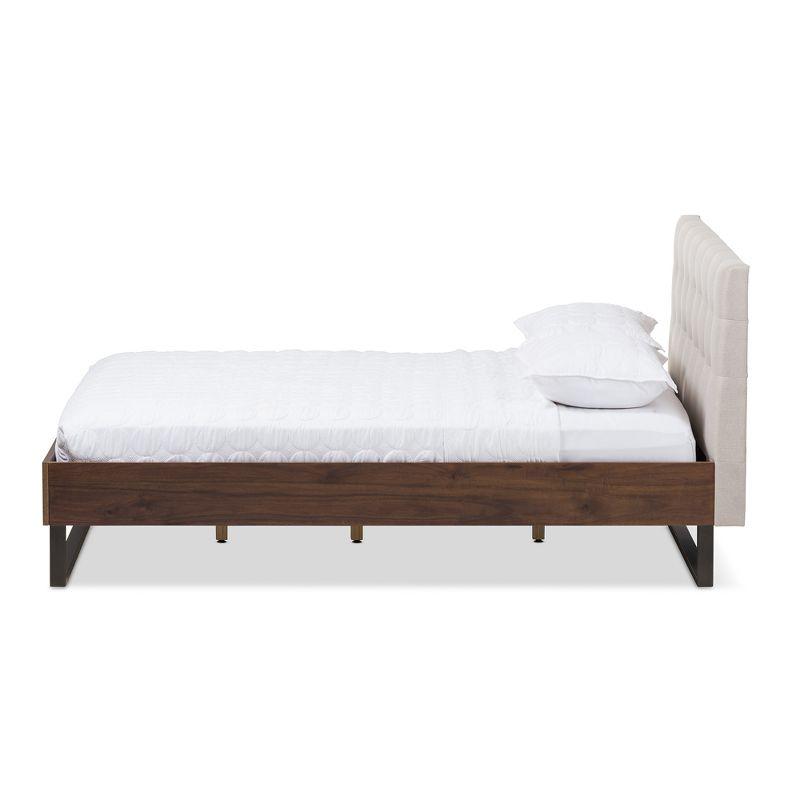 Queen Mitchell Rustic Industrial Walnut Wood & Metal Platform Bed with Tufted Headboard - Baxton Studio