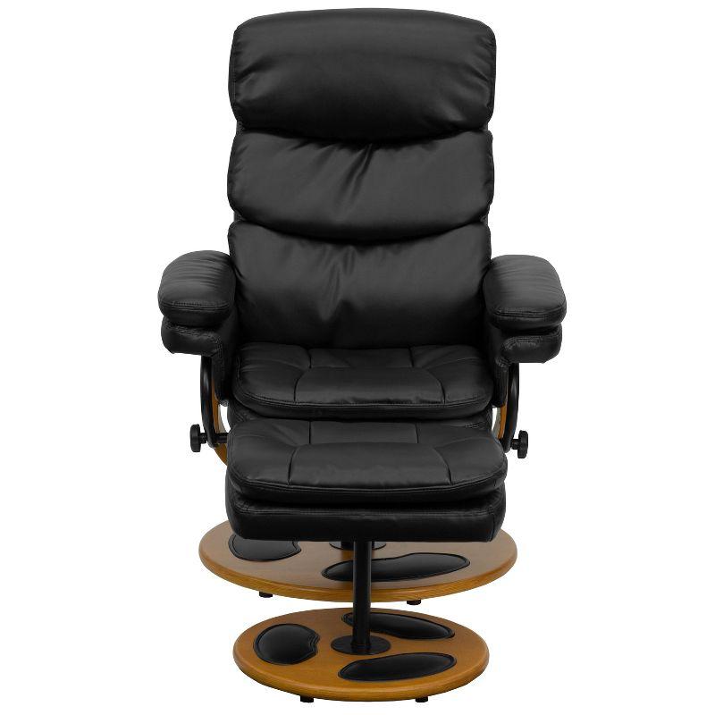 Luxurious Black Leather Swivel Recliner with Wood Base and Ottoman