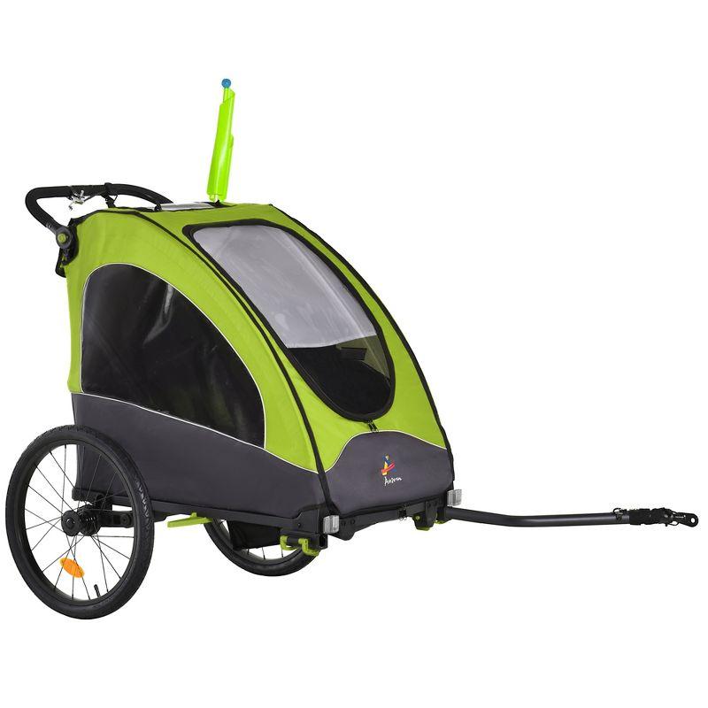 Aosom Bike Trailer for Kids 3 In1 Foldable Child Jogger Baby Stroller Transport Carrier, Rubber Tires Adjustable Kid Bicycle Trailer Green and Gray