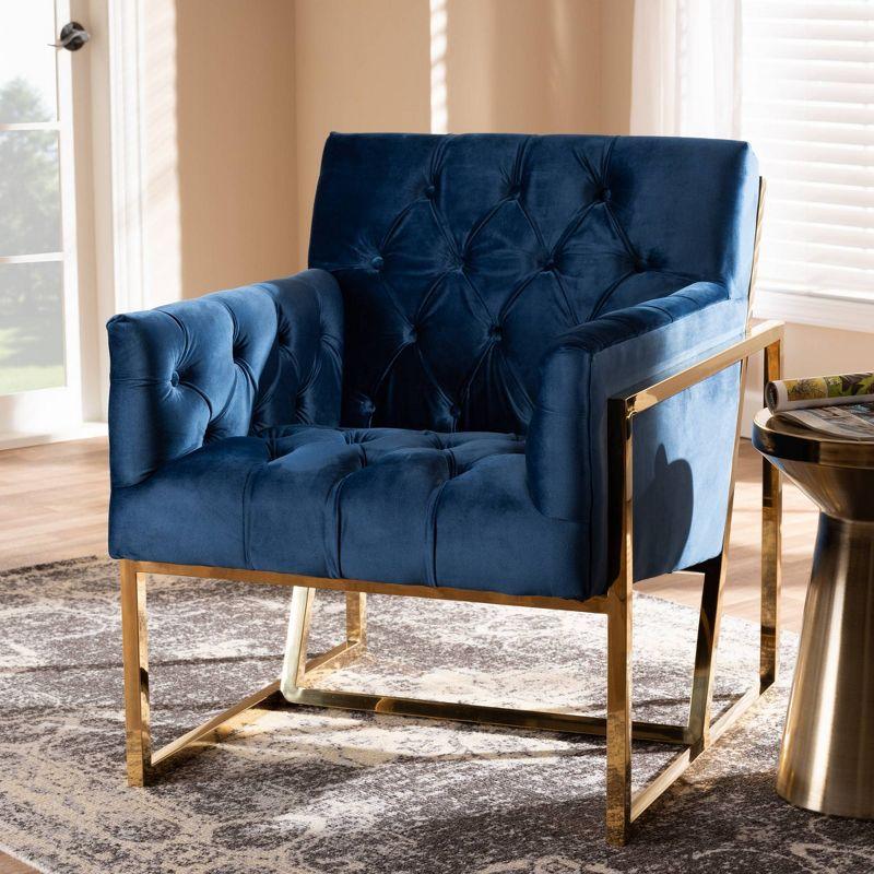 Milano Velvet Fabric Upholstered Finished Lounge Chair Gold/Blue - Baxton Studio: Mid-Century Modern Accent, Plywood Frame