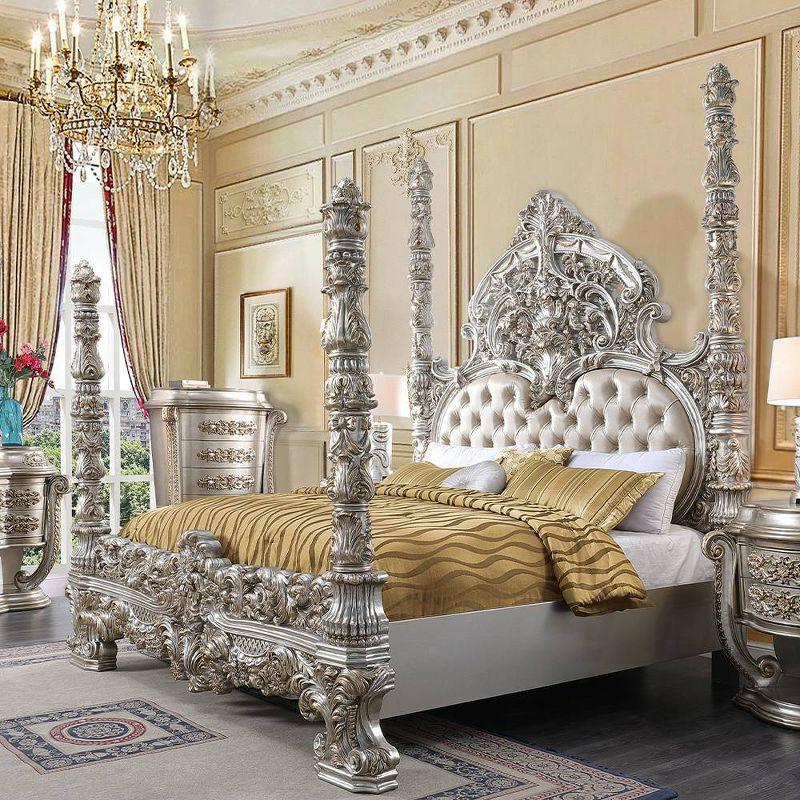 96" Eastern King Bed Danae Bed Synthetic Leather, Champagne and Gold Finish - Acme Furniture: Tufted, Camelback Headboard, Faux Leather