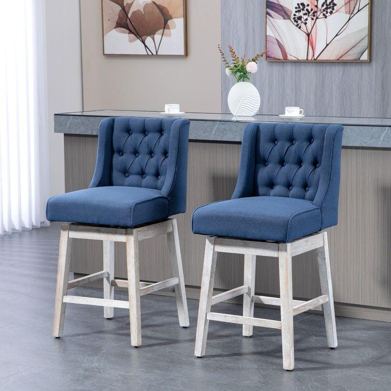 Blue Tufted Swivel Bar Stools with Wood Footrests, Set of 2