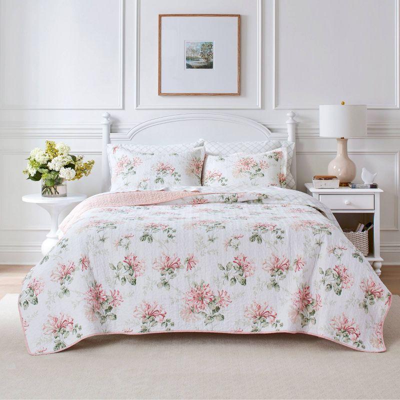 Laura Ashley Honeysuckle Cotton Reversible Pink Quilt Set