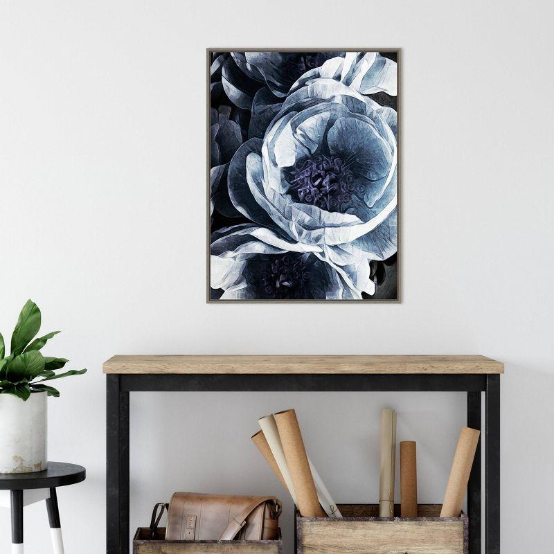 22" x 30" Peony Blue Petals III by Ashley Aldridge Framed Canvas Wall Art Gray Wash - Amanti Art: Modern Lithograph, Sawtooth Back