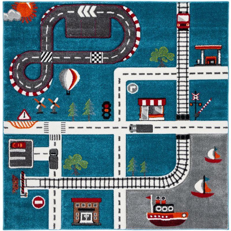 Turquoise and Ivory Kids' Square Play Rug with Train Track Design