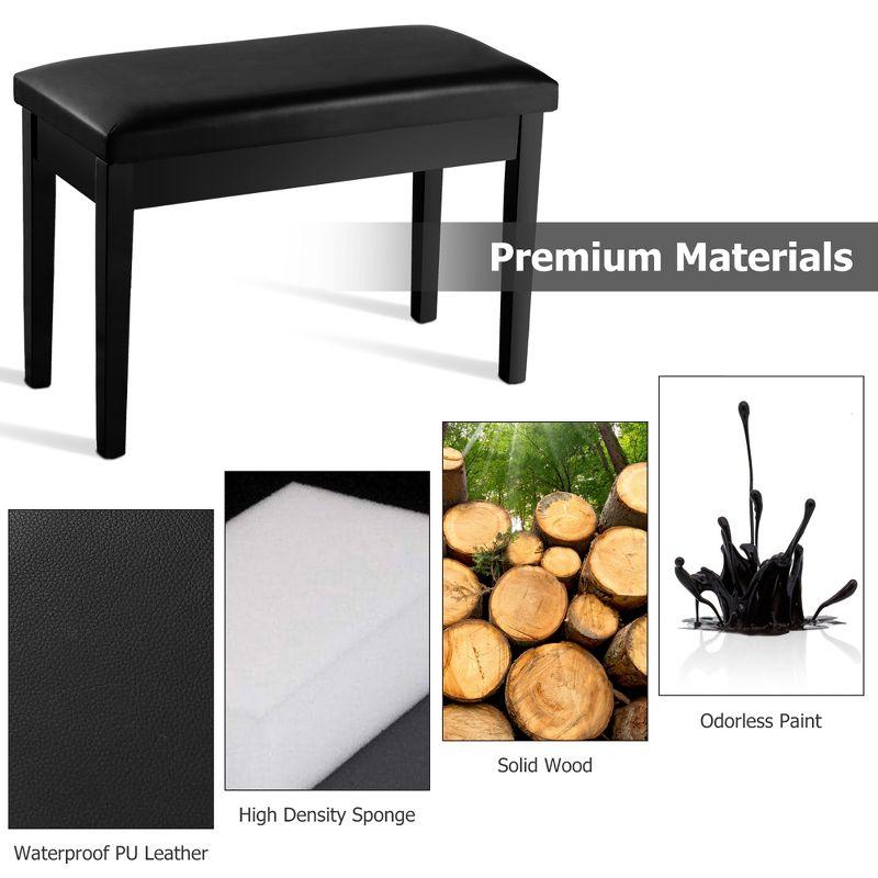 Tangkula PU Leather Piano Bench Solid Wood Padded Double Duet Keyboard Seat w/ Storage Box Black