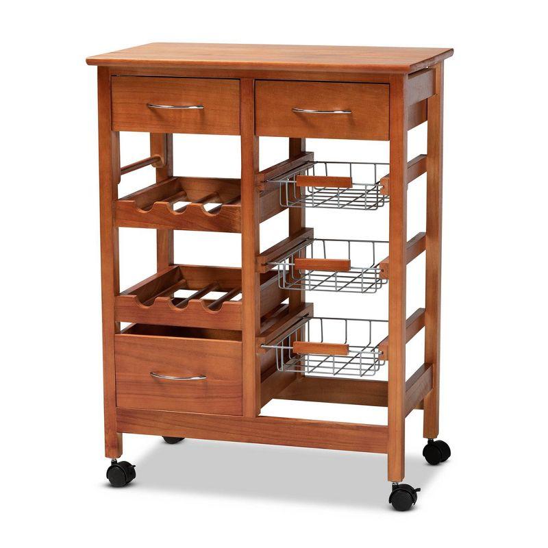 Crayton Oak Brown and Silver Mobile Kitchen Cart with Wine Storage