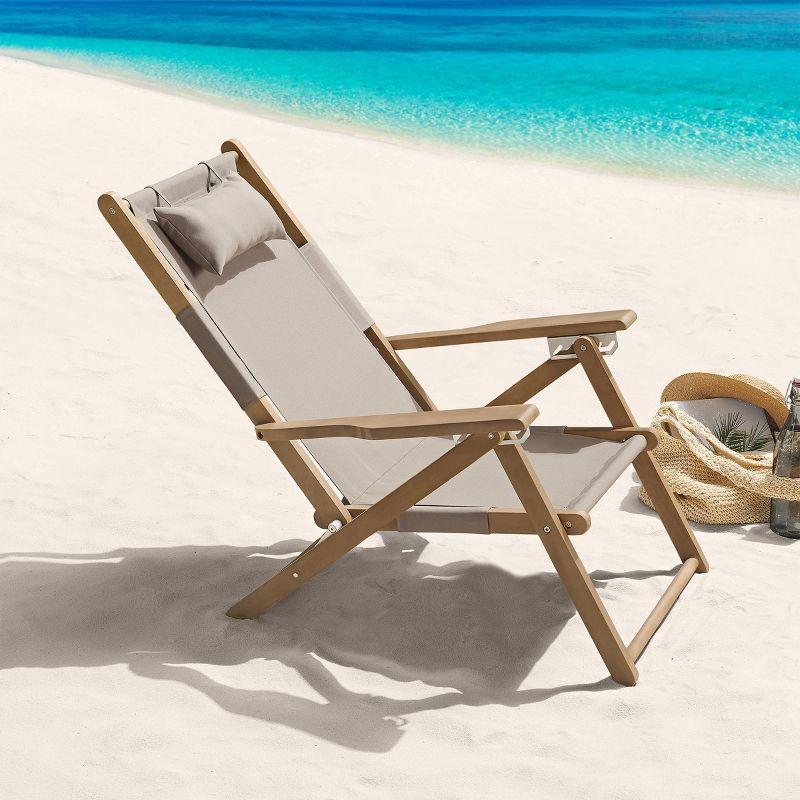 Beach Chair - Outdoor Weather-Resistant Wood Folding Chair with Backpack Straps - 4-Position Reclining Seat - Beach Essentials by Lavish Home (Taupe)